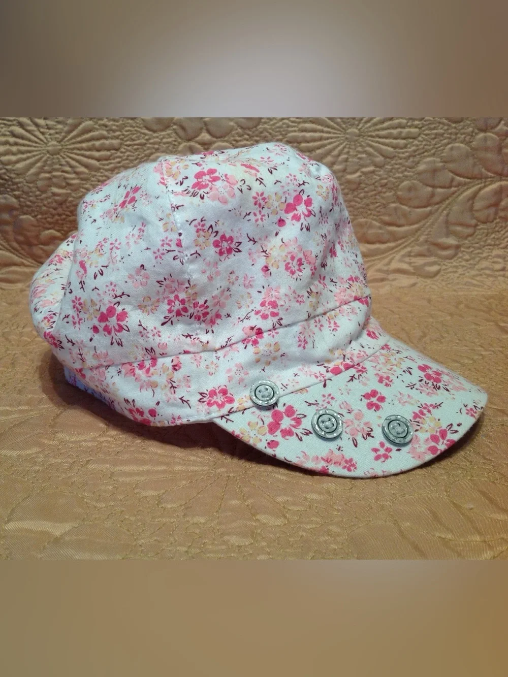 Floral Newsboy Cap White Pink Cottagecore Baker Boy Hat One Size